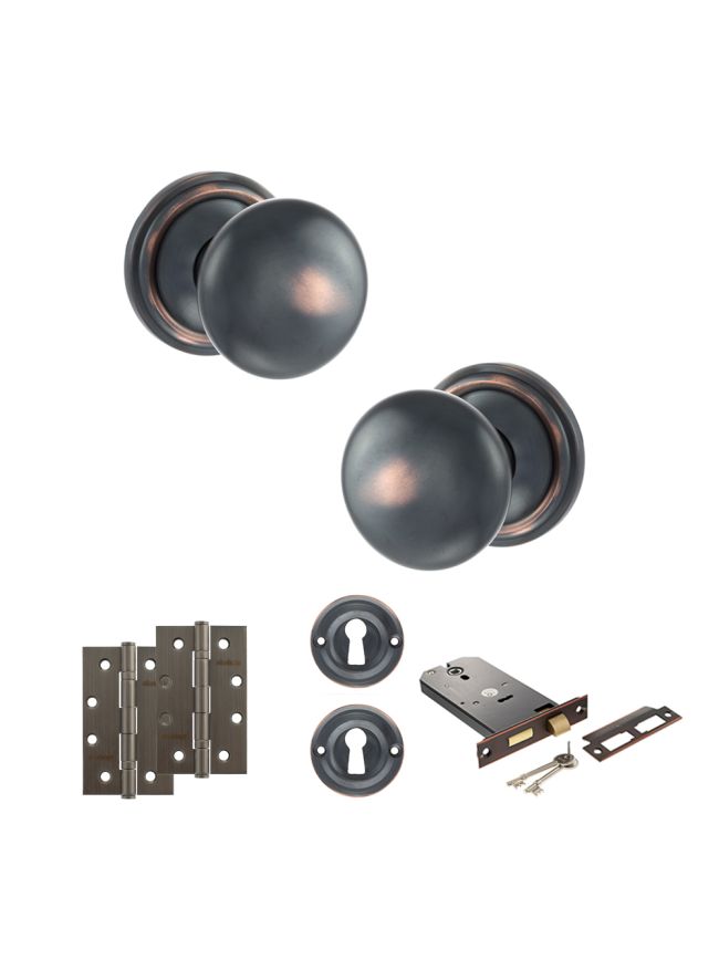 Old English Harrogate Door Knob Pack (Lock Set - Horizontal Sashlock, 4" Slim Knuckle Hinges x2) - Antique Copper