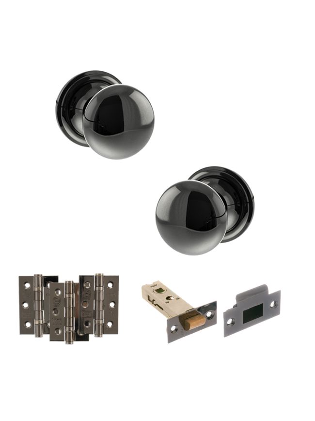 Old English Harrogate Door Knob Pack (Latch Set - 4" HD Latch, 3" Fire Rated Hinges x3) - Black Nickel