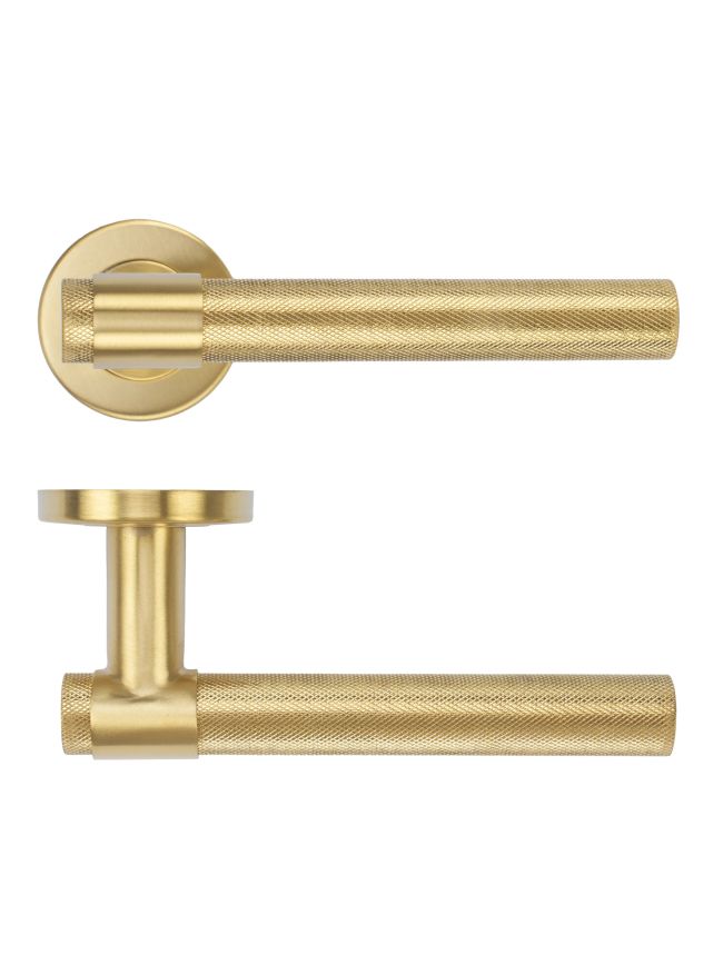 Zoo Hardware Knurled Lever on Round Rose 52mm x 8mm Push-on Rose - BS EN 1906 Grade 3 - Grade 201 - PVD Satin Brass