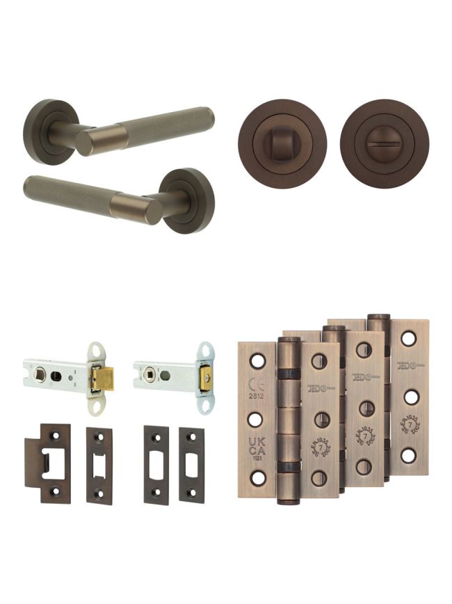 Complete Bari Door Handle Pack - Heavy Duty Tubular Bathroom (Standard Thumb Turn) - Dark Bronze - 76mm / 3-inch Hinges - JE-D31B3-DB