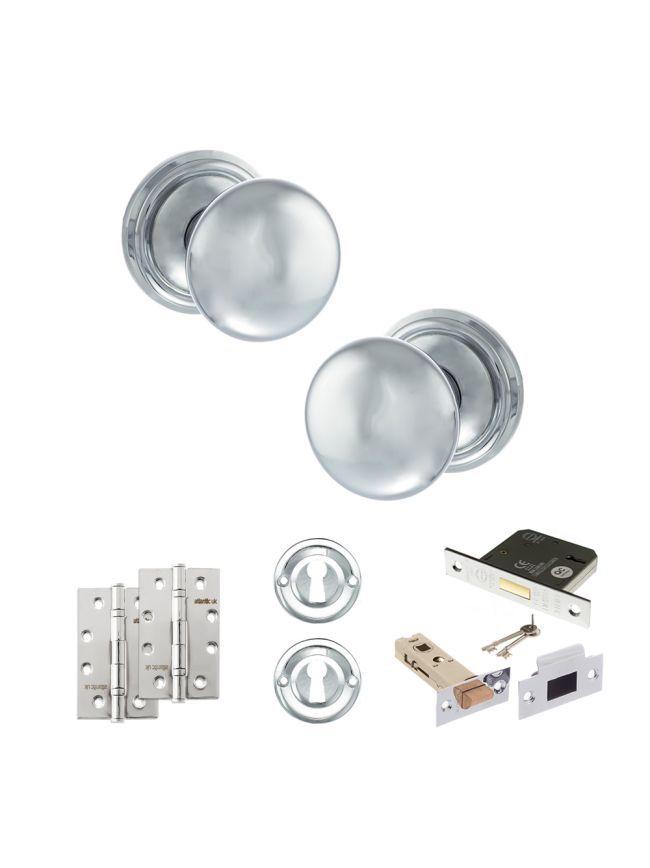 Old English Harrogate Door Knob Pack (Lock Set - 3" Latch & Deadlock, 4" Slim Knuckle Hinges x2) - Polished Chrome