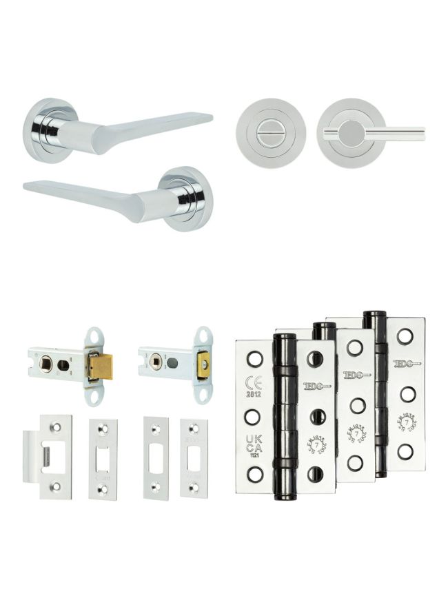 Complete Gio Door Handle Pack - Heavy Duty Tubular Bathroom (Plain Thumb Turn) - Polished Chrome - 64mm / 3-inch Hinges - JE-E30B2-PC