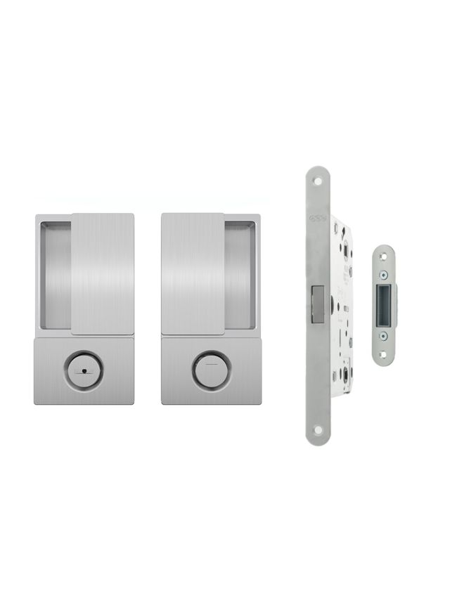 AGB Wave Flush Door Handle & Bathroom Lock Set - Satin Chrome