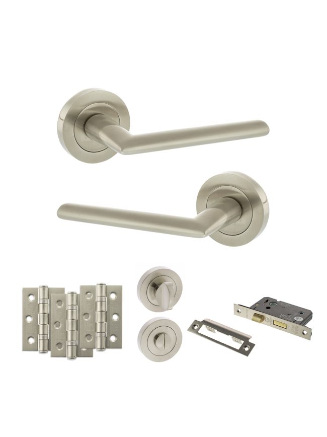 STATUS Alabama Door Handle Pack (Bathroom Set - 2.5" CE Bathroom Lock, 3" Fire Rated Hinges x3) - Satin Nickel