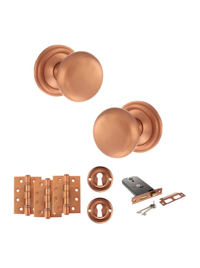 Old English Harrogate Door Knob Pack (Lock Set - Horizontal Sashlock, 4" Fire Rated Hinges x3) - Urban Satin Copper