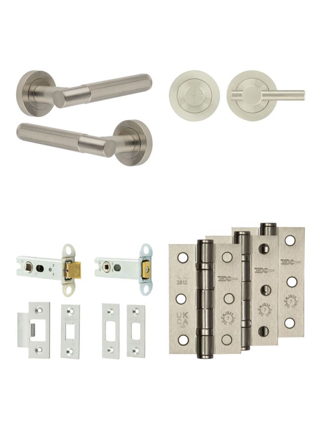 Complete Bari Door Handle Pack - Heavy Duty Tubular Bathroom (Knurled Thumb Turn) - Satin Nickel - 76mm / 3-inch Hinges - JE-D31B1-SN