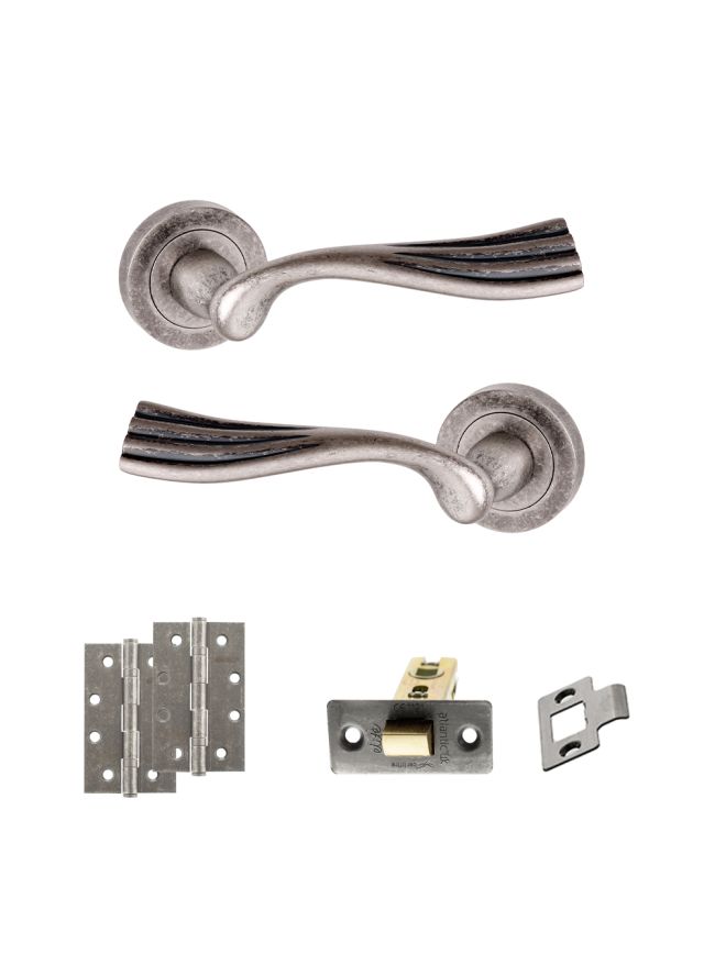 Old English Richmond Door Handle Pack (Latch Set - 2.5" CE Latch, 4" Slim Knuckle Hinges x2) - Distressed Silver