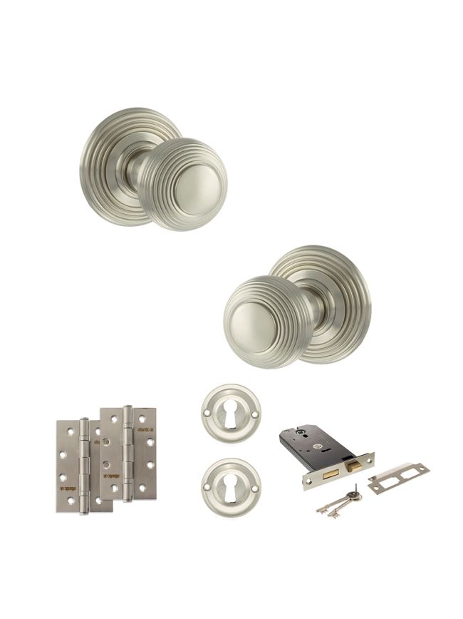 Old English Ripon Door Knob Pack (Lock Set - Horizontal Sashlock, 4" Slim Knuckle Hinges x2) - Satin Nickel