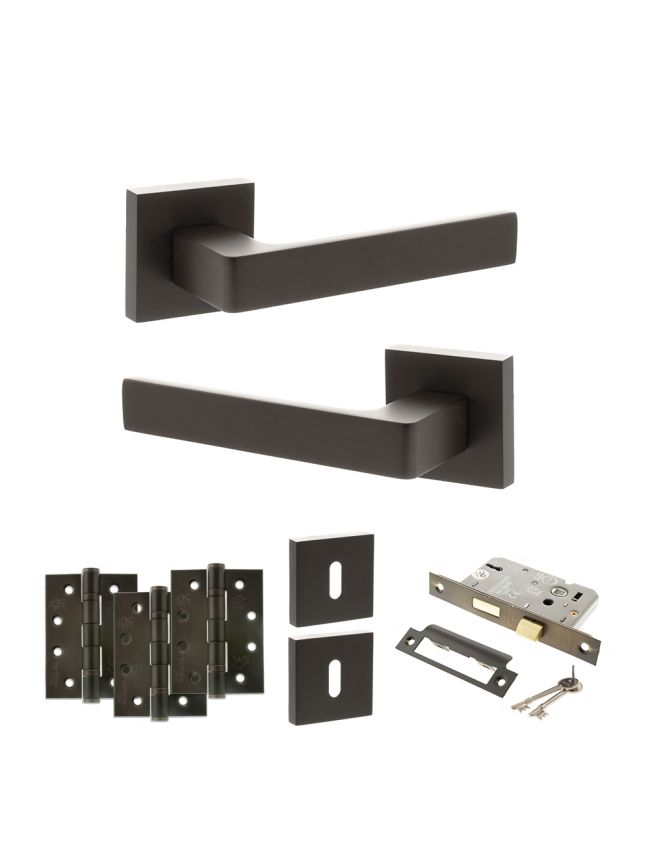 STATUS Montana Door Handle Pack (3 Lever Lock Set - 3" CE Sashlock, 4" Fire Rated Hinges x3) - Urban Dark Bronze