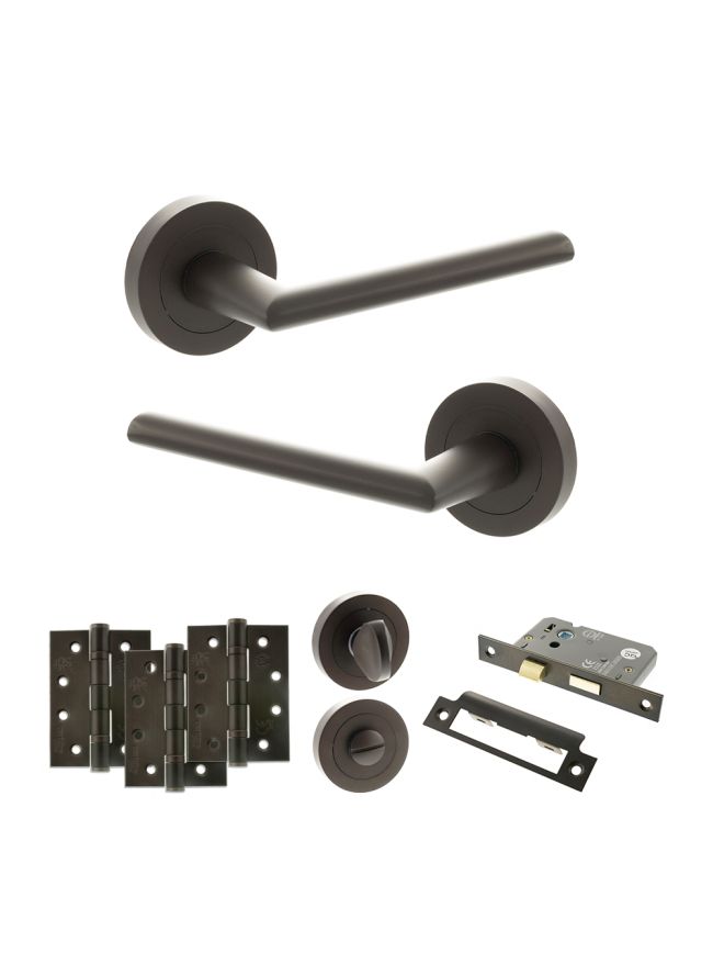STATUS Alabama Door Handle Pack (Bathroom Set - 3" CE Bathroom Lock, 4" Fire Rated Hinges x3) - Urban Dark Bronze