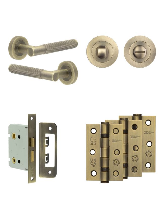 Complete Bari Door Handle Pack - Bathroom - Antique Brass - By Frelan Hardware - JE-D6B3-AB