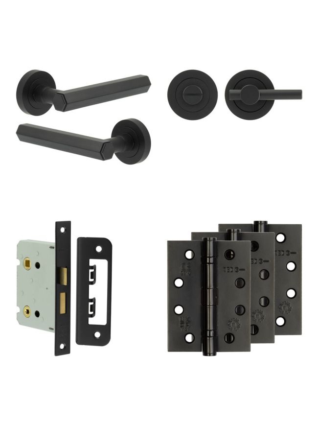 Complete Hex Door Handle Pack - Bathroom Lock (Plain Thumb Turn) - Matt Black - 76mm / 4-inch Hinges - JE-C6A2-MB
