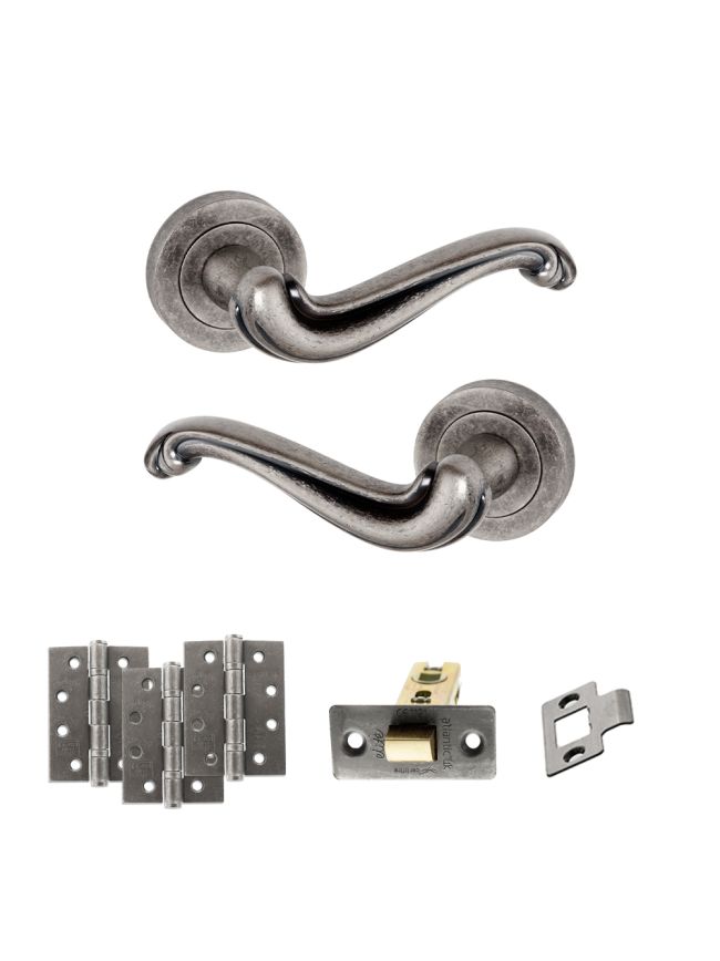 Old English Colchester Door Handle Pack (Latch Set - 2.5" CE Latch, 4" Fire Rated Hinges x3) - Distressed Silver