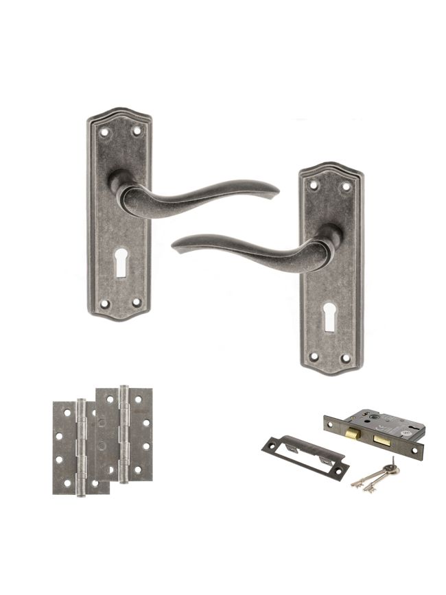 Old English Warwick Door Handle Pack (3 Lever Lock Set - 2.5" CE Sashlock, 4" Slim Knuckle Hinges x2) - Distressed Silver