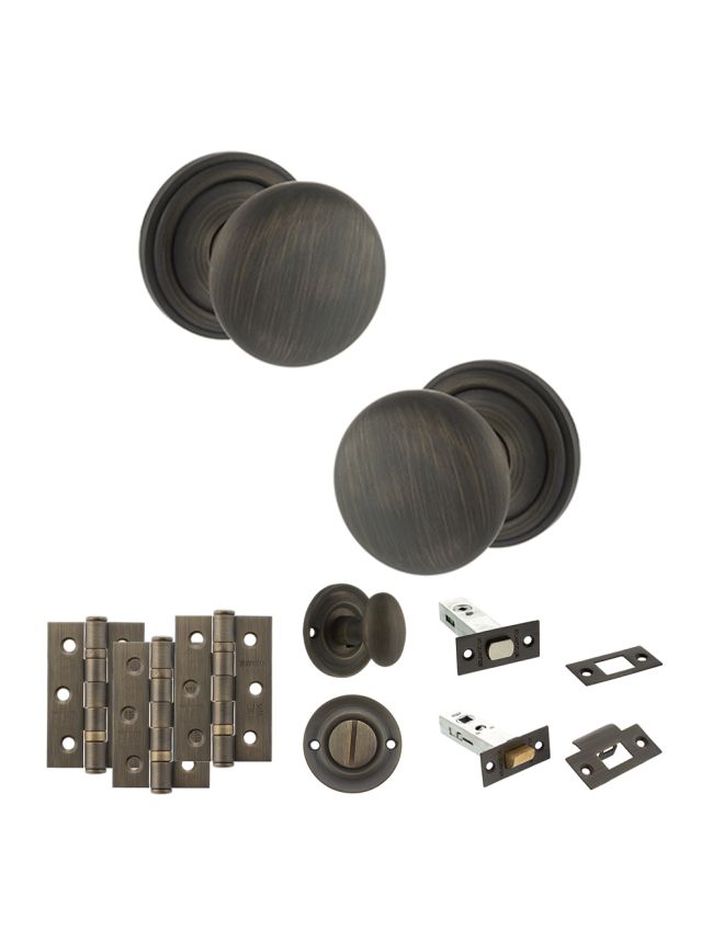 Old English Harrogate Door Knob Pack (Bathroom Set - 4" Deadbolt, 3" Fire Rated Hinges x3) - Urban Bronze