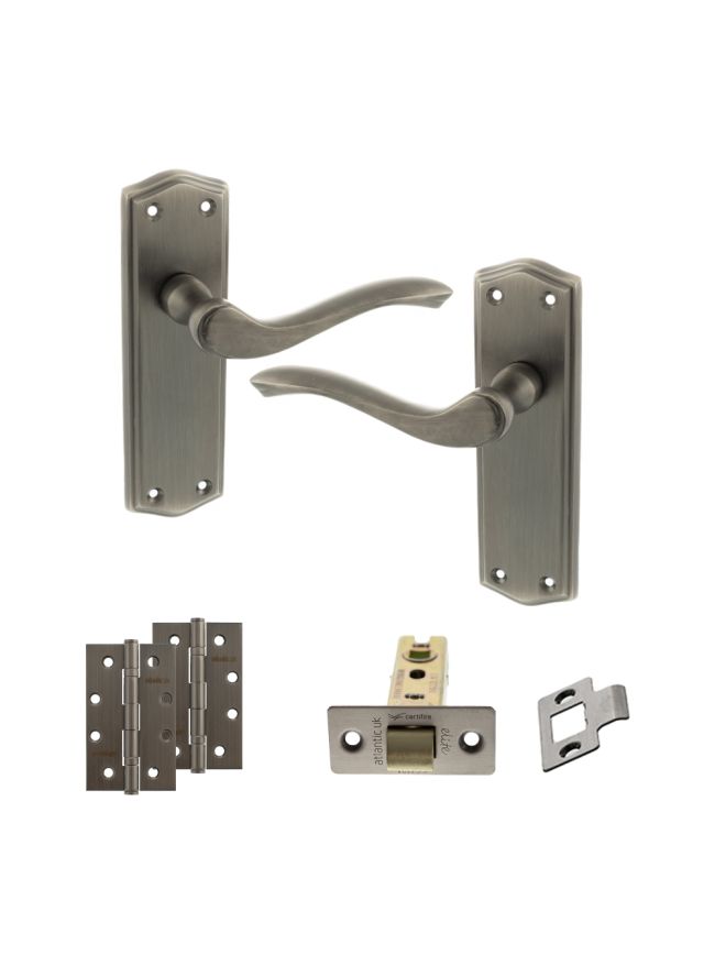 Old English Warwick Door Handle Pack (Latch Set - 2.5" CE Latch, 4" Slim Knuckle Hinges x2) - Matt Gun Metal
