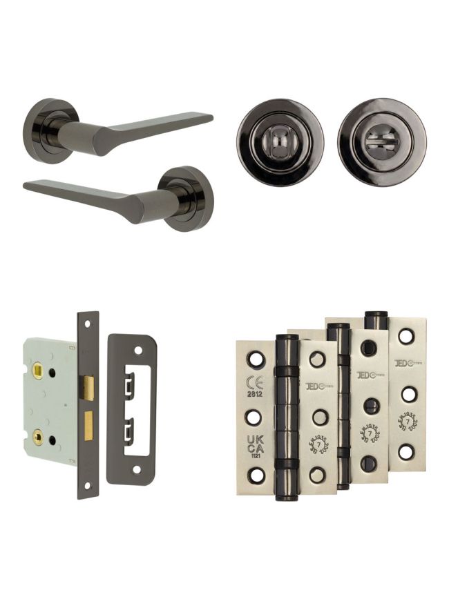 Complete Gio Door Handle Pack - Bathroom Lock (Standard Thumb Turn) - Black Nickel - 76mm / 3-inch Hinges - JE-E6B3-BN