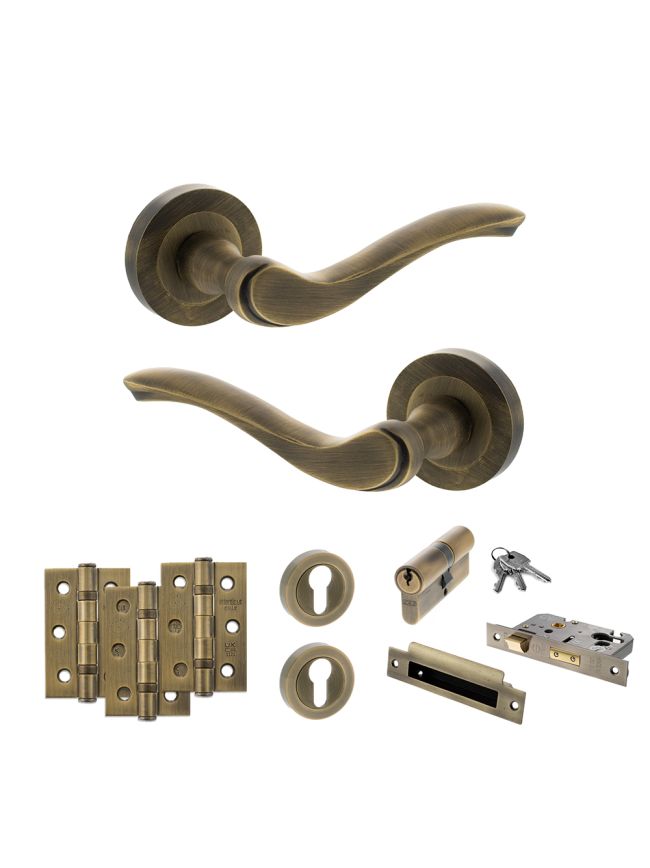 Old English Warwick Door Handle Pack (Euro Lock Set - 2.5" CE Sashlock, 3" Fire Rated Hinges x3) - Matt Antique Brass