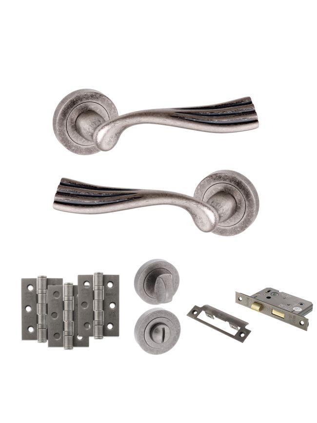 Old English Richmond Door Handle Pack (Bathroom Set - 3" CE Bathroom Lock, 3" Fire Rated Hinges x3) - Distressed Silver