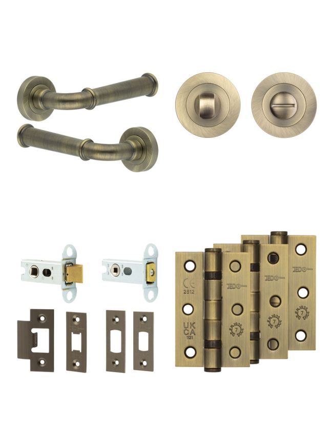Complete Classic Door Handle Pack - Heavy Duty Tubular Bathroom (Standard Thumb Turn) - Antique Brass - 64mm / 3-inch Hinges - JE-A30B3-AB