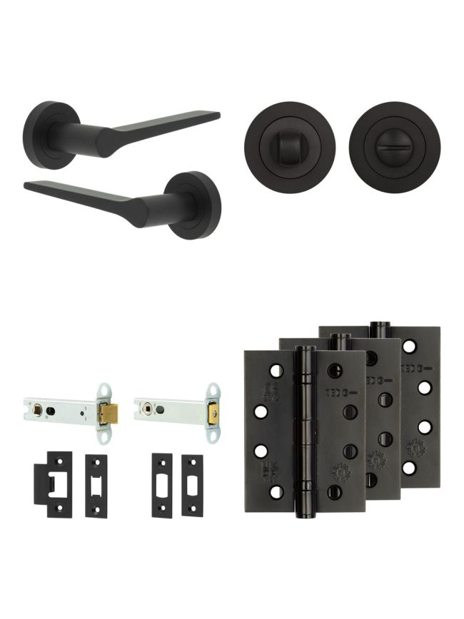Complete Gio Door Handle Pack - Heavy Duty Tubular Bathroom (Standard Thumb Turn) - Matt Black - 102mm / 4-inch Hinges - JE-E32A3-MB