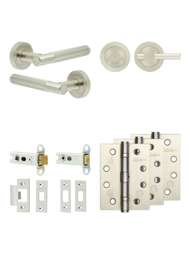 Complete Venice Door Handle Pack - Heavy Duty Tubular Bathroom (Plain Thumb Turn) - Satin Nickel - 76mm / 4-inch Hinges - JE-F31A2-SN