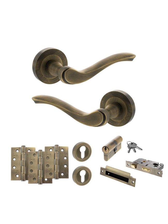 Old English Warwick Door Handle Pack (Euro Lock Set - 2.5" CE Sashlock, 4" Fire Rated Hinges x3) - Matt Antique Brass