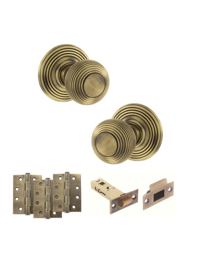 Old English Ripon Door Knob Pack (Latch Set - 3" HD Latch, 4" Fire Rated Hinges x3) - Matt Antique Brass