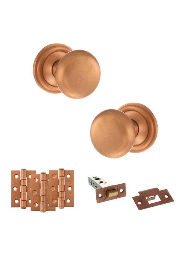 Old English Harrogate Door Knob Pack (Latch Set - 3" HD Latch, 3" Fire Rated Hinges x3) - Urban Satin Copper