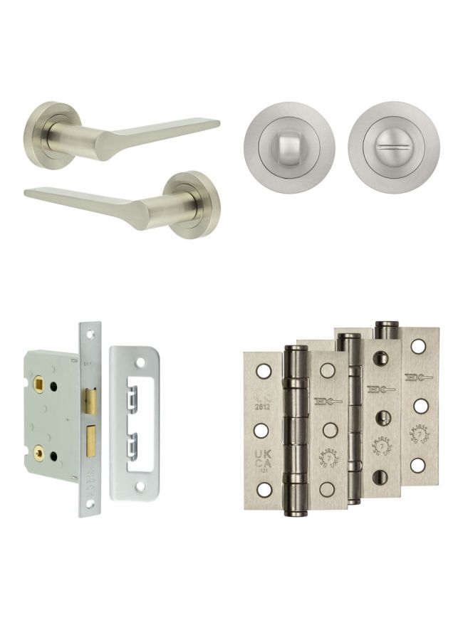 Complete Gio Door Handle Pack - Bathroom Lock (Standard Thumb Turn) - Satin Nickel - 76mm / 3-inch Hinges - JE-E6B3-SN