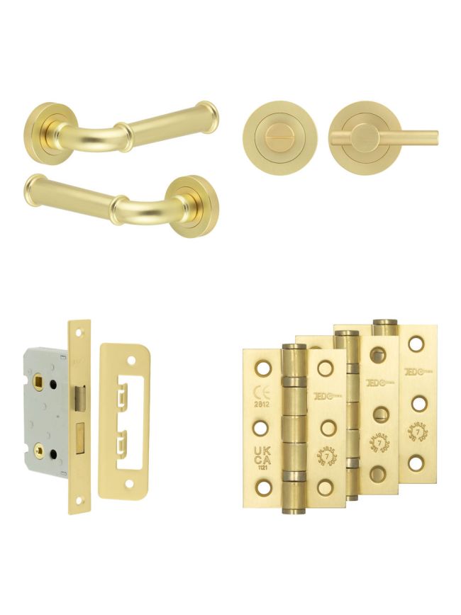 Complete Classic Door Handle Pack - Bathroom Lock (Plain Thumb Turn) - Satin Brass - 65mm / 3-inch Hinges - JE-A5B2-SB