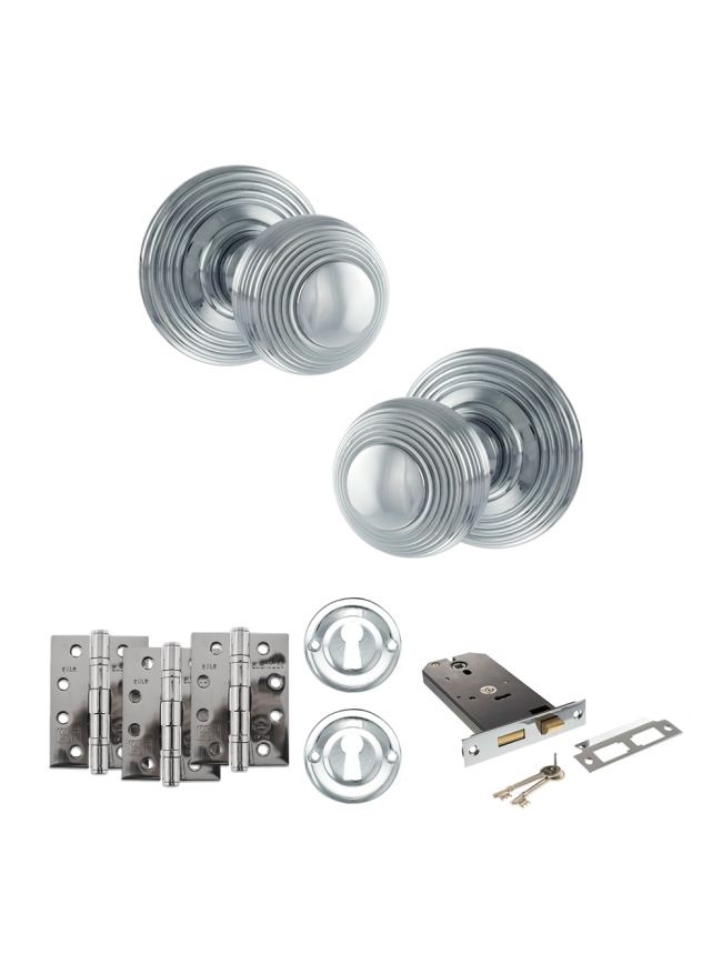 Old English Ripon Door Knob Pack (Lock Set - Horizontal Sashlock, 4" Fire Rated Hinges x3) - Polished Chrome