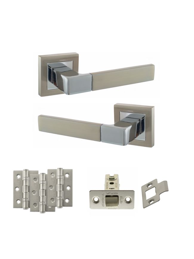 STATUS Montana Door Handle Pack (Latch Set - 2.5" CE Latch, 3" Fire Rated Hinges x3) - Satin Nickel/Polished Chrome