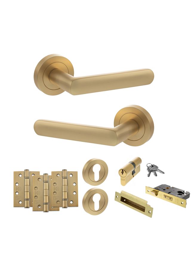 STATUS Carolina Door Handle Pack (Euro Lock Set - 3" CE Sashlock, 4" Fire Rated Hinges x3) - Satin Brass