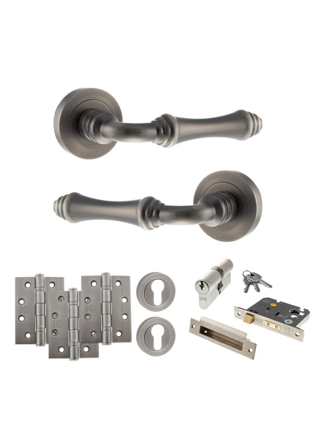 Old English Durham Door Handle Pack (Euro Lock Set - 2.5" CE Sashlock, 4" Fire Rated Hinges x3) - Matt Gun Metal