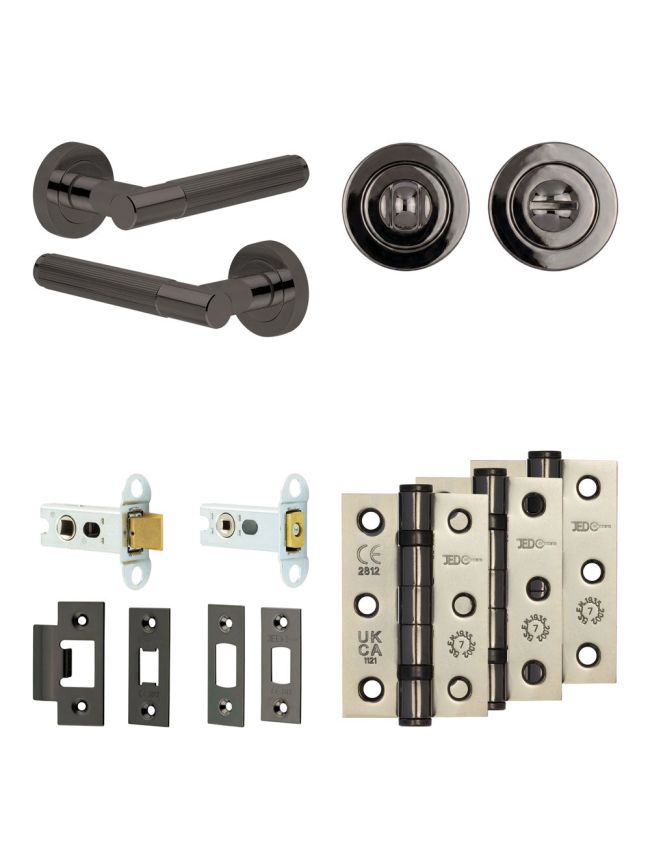 Complete Venice Door Handle Pack - Heavy Duty Tubular Bathroom (Standard Thumb Turn) - Black Nickel - 64mm / 3-inch Hinges - JE-F30B3-BN