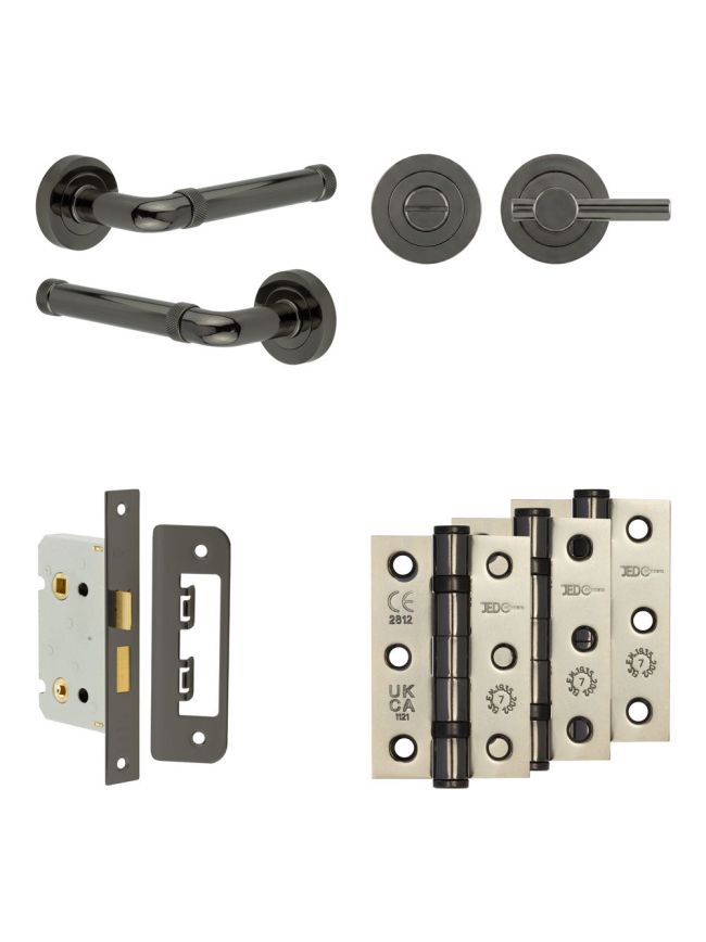 Complete Midtown Door Handle Pack - Bathroom Lock (Plain Thumb Turn) - Black Nickel - 65mm / 3-inch Hinges - JE-G5B2-BN