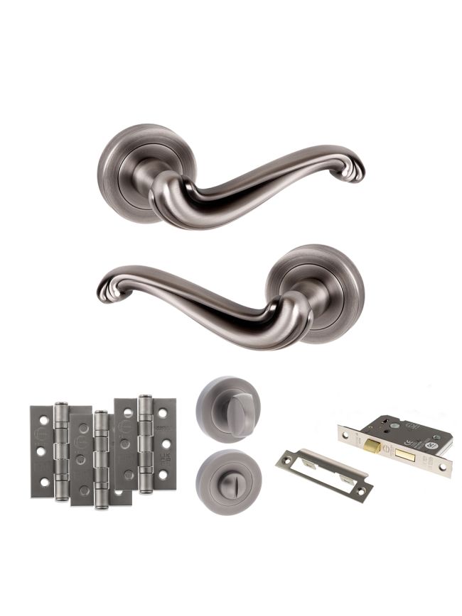 Old English Colchester Door Handle Pack (Bathroom Set - 2.5" CE Bathroom Lock, 3" Fire Rated Hinges x3) - Matt Gun Metal