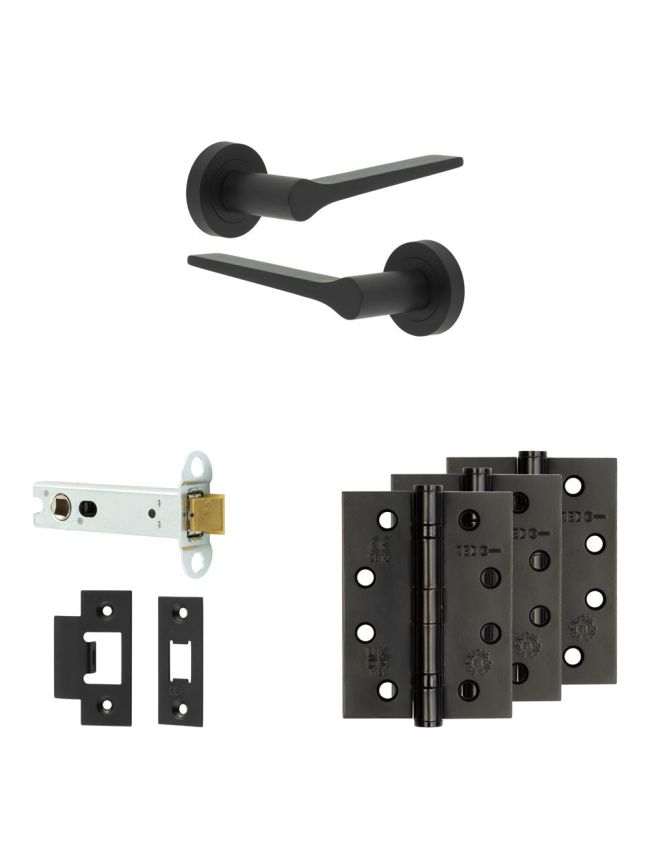 Complete Gio Door Handle Pack - Heavy Duty Latch - Matt Black - 102mm / 4-inch Hinges - JE-E22A-MB