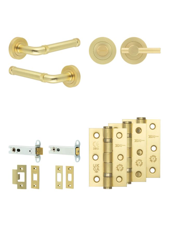 Complete Midtown Door Handle Pack - Heavy Duty Tubular Bathroom (Knurled Thumb Turn) - Satin Brass - 102mm / 3-inch Hinges - JE-G32B1-SB