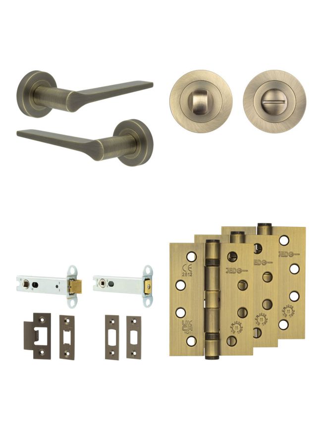 Complete Gio Door Handle Pack - Heavy Duty Tubular Bathroom (Standard Thumb Turn) - Antique Brass - 102mm / 4-inch Hinges - JE-E32A3-AB