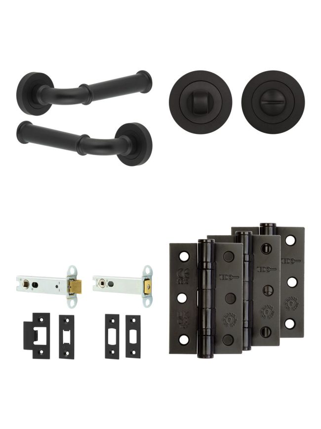 Complete Classic Door Handle Pack - Heavy Duty Tubular Bathroom (Standard Thumb Turn) - Matt Black - 102mm / 3-inch Hinges - JE-A32B3-MB