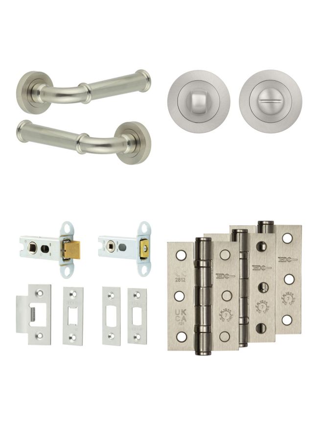 Complete Classic Door Handle Pack - Heavy Duty Tubular Bathroom (Standard Thumb Turn) - Satin Nickel - 64mm / 3-inch Hinges - JE-A30B3-SN
