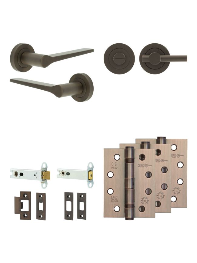 Complete Gio Door Handle Pack - Heavy Duty Tubular Bathroom (Plain Thumb Turn) - Dark Bronze - 102mm / 4-inch Hinges - JE-E32A2-DB