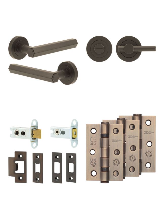 Complete Hex Door Handle Pack - Heavy Duty Tubular Bathroom (Plain Thumb Turn) - Dark Bronze - 64mm / 3-inch Hinges - JE-C30B2-DB