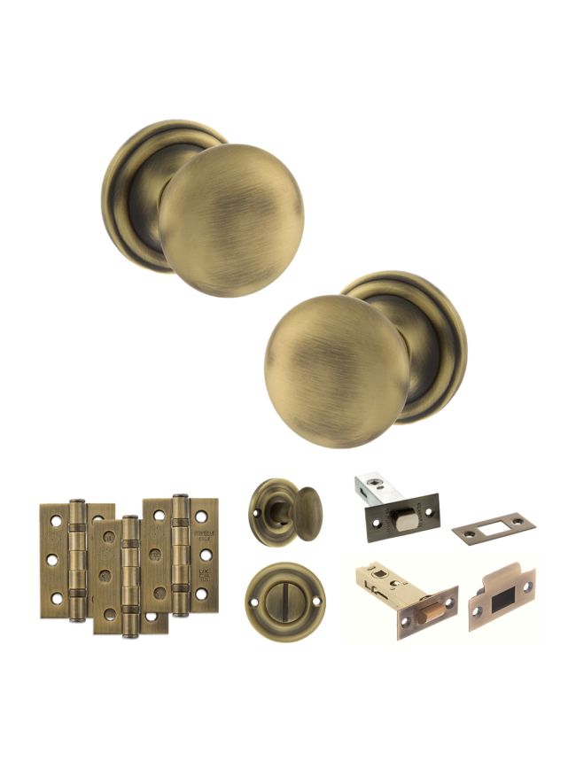 Old English Harrogate Door Knob Pack (Bathroom Set - 3" Deadbolt, 3" Fire Rated Hinges x3) - Matt Antique Brass