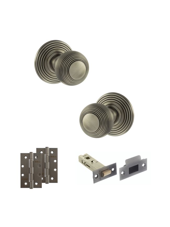 Old English Ripon Door Knob Pack (Latch Set - 4" HD Latch, 4" Slim Knuckle Hinges x2) - Matt Gun Metal