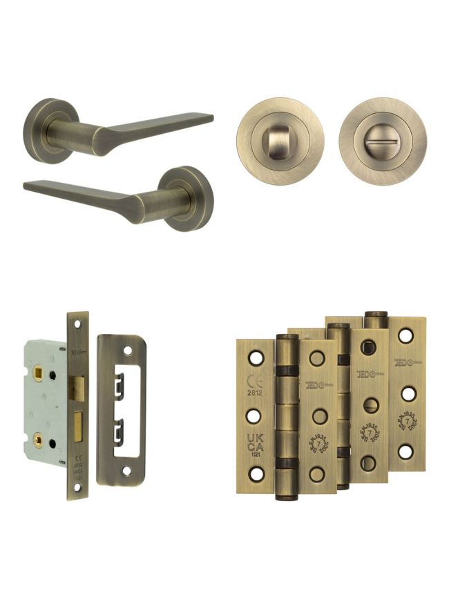 Complete Gio Door Handle Pack - Bathroom - Antique Brass - By Frelan Hardware - JE-E5B3-AB
