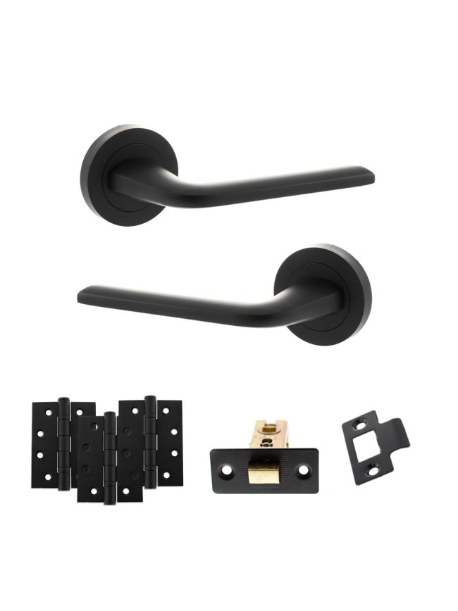 Eco Surf Door Handle Pack (Latch Set - 2.5" CE Latch, 4" Fire Rated Hinges x3) - Matt Black