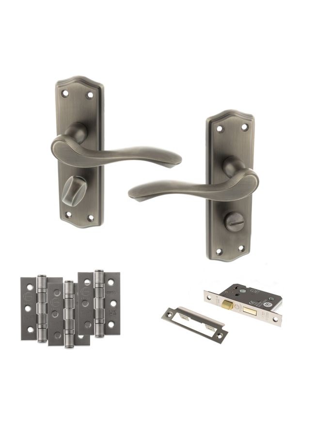 Old English Warwick Door Handle Pack (Bathroom Set - 2.5" CE Bathroom Lock, 3" Fire Rated Hinges x3) - Matt Gun Metal